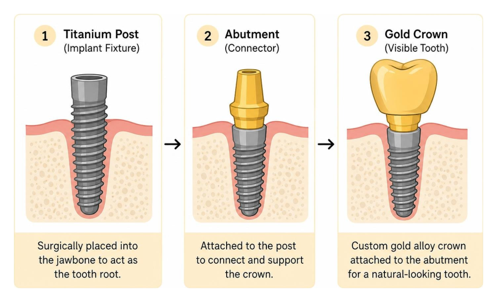 Dental implant structure showing titanium post, abutment, and gold crown