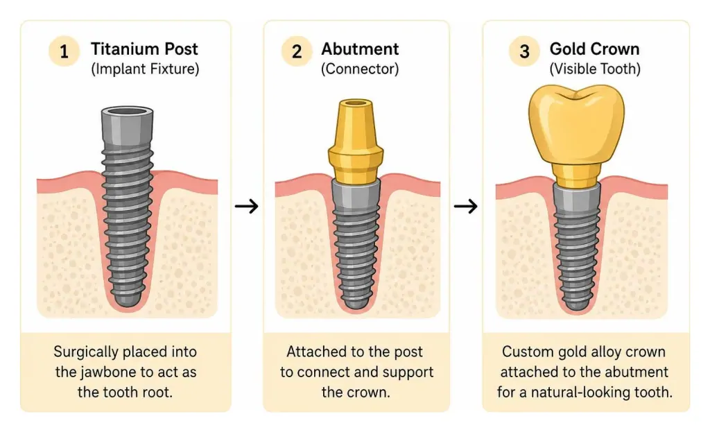 Dental implant structure showing titanium post, abutment, and gold crown