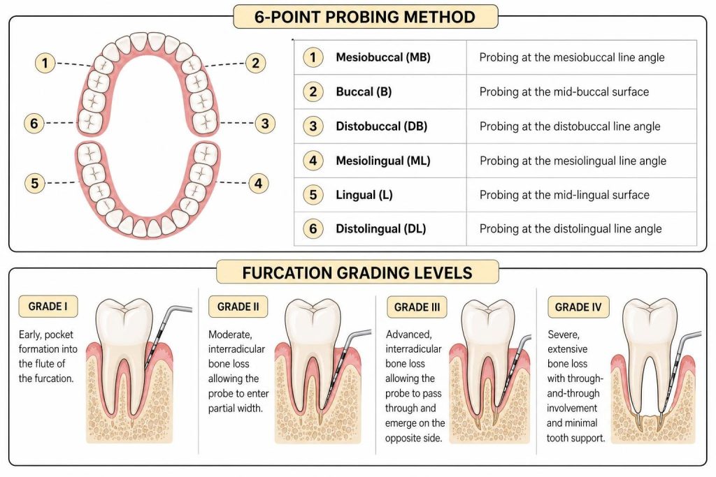 Detailed diagram of 6-point probing method and furcation grading levels