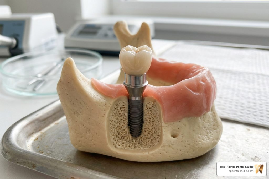 implant components diagram showing fixture, abutment, and crown
